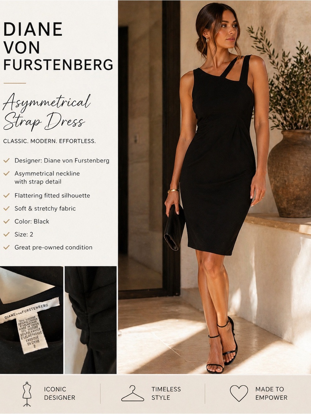 Diane von Furstenberg Black Asymmetrical Strap Dress Size 2